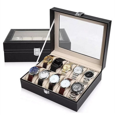  - Watch Display Case 10 Grids Jewelry Collection Storage Organizer Leather Box