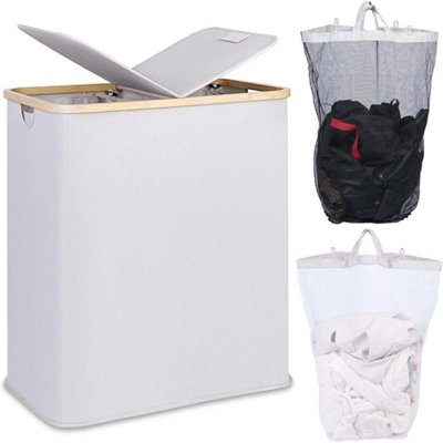 Light Grey 140L Double Laundry Basket Hamper With Lid 2 Compartments With Removable Bags from B&Q