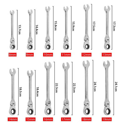  - 12Pcs Metric Flexible Ratchet Spanners 8-19mm Flexi Head Combination Wrench Set
