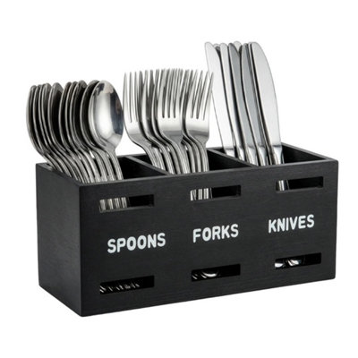  - Wooden 3 Compartment Cutlery Holder Kitchen Utensil Storage Caddy