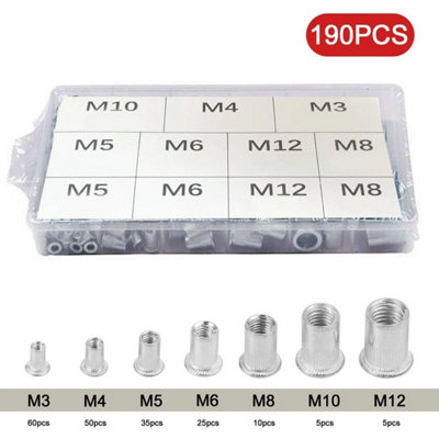  - 190Pcs M3-M12 Mixed Rivnuts Nutserts Steel Rivet Nuts Flanged Head Threaded