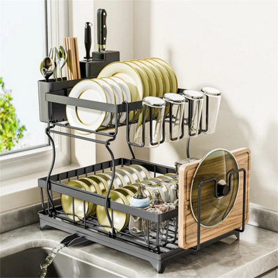 2 Tiers Kitchen Counter Dish Drainer Rack Cutlery Cup Chopping Board Holder from B&Q