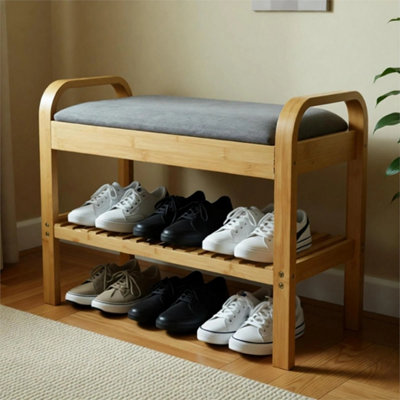 2 Tier Bamboo Shoe Rack Bench With Cushion Seat Storage from B&Q