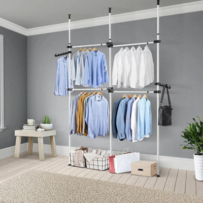 Double Telescopic Wardrobe Organiser Hanging Rail Clothes Rack Adjustable Storage