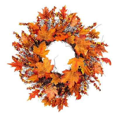  - Front Door Autumn Maple Leaf Wreath With Led Light Berries Harvest Garland 45Cm