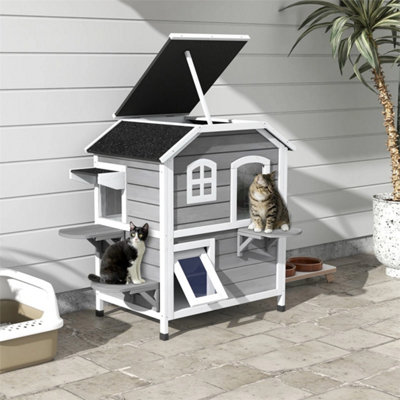 Wooden Cat House Cat Cave Pet Shelter Condos Outdoor Grey from B&Q