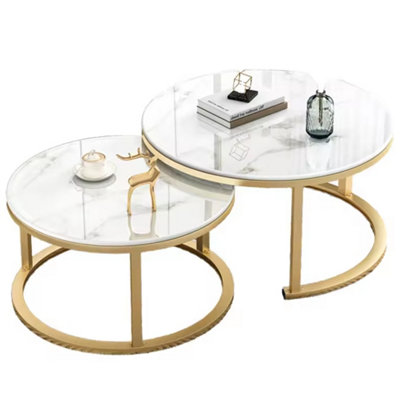  - Nesting Coffee Table Set2-Piece Round Marble Effect Tables With Leg