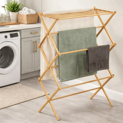 3-Tier Bamboo Wooden Clothes Airer Horse Vintage Traditional Folding Drying Rack from B&Q