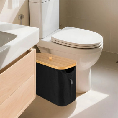 Black-23L Toilet Roll Storage Basket Bamboo Lid Holds 12 Rolls Bathroom Cabine from B&Q