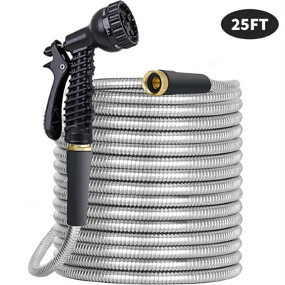 25Ft Stainless Steel Garden Hose Pipe Kink-Free Spray Gun from B&Q
