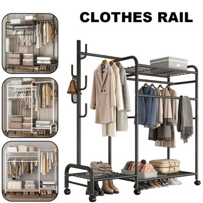 Double Clothes Rail Rack Heavy Duty Garment Hanging Stand Open Wardrobe Shelf Black from B&Q
