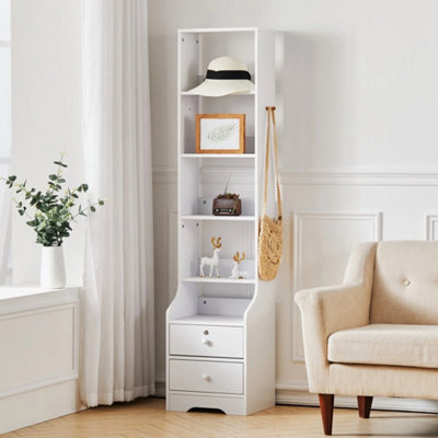 5 Shelf +2 Drawer White Mdf Freestanding Bookcase