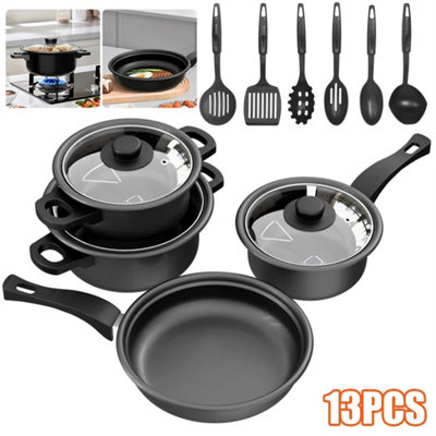 13Pcs Induction Pan Set Saucepan Set Cookware Pot Non Stick Saucepan Glass Lid from B&Q