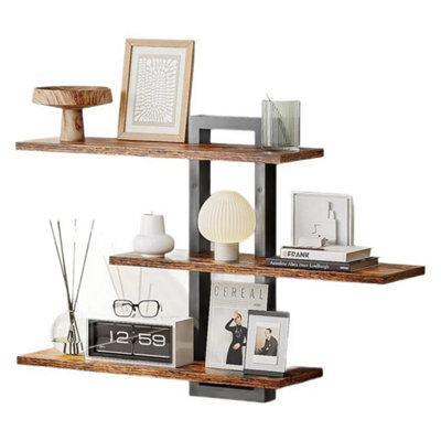 Brown-Wooden Floating Shelves 3-Tier Wall Display Racks 50Cm from B&Q