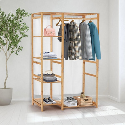  - 6 Tier Bamboo Garment Rack Storage Shelves Clothes Hanging Wardrobe