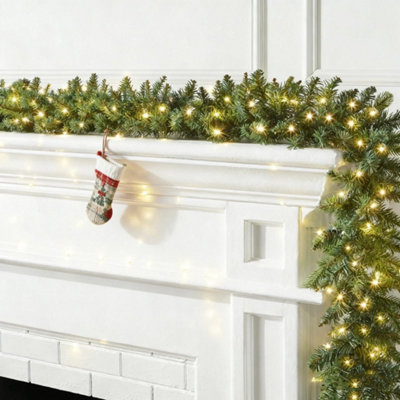 9Ft Pre Lit Christmas Garland W/lights Led Door Mantle Wreath Fireplace Decor
