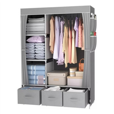 Grey With Drawer Large Fabric Canvas Wardrobe With Clothes Hanging Rail Shelving Storage Closet from B&Q