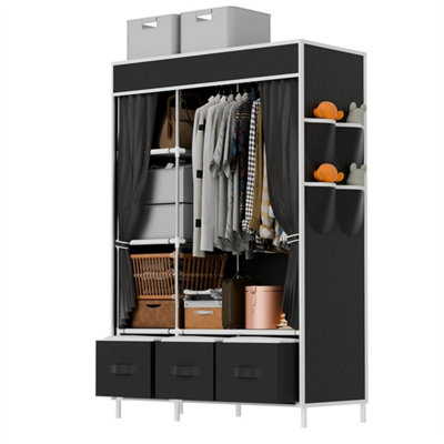 Black With Drawer Large Fabric Canvas Wardrobe With Clothes Hanging Rail Shelving Storage Closet from B&Q