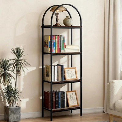Arched Bookshelf Industrial Design Metal Frame Bookcase Black Brown