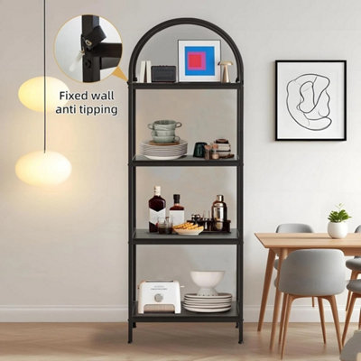 Arched 4Tier Bookshelf Industrial Design Metal Frame Bookcase Black
