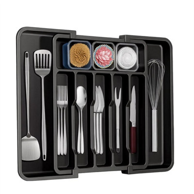 Black Cutlery Drawer Organiser Extendable Utensil Tray Adjustable Kitchen Storage Rack from B&Q