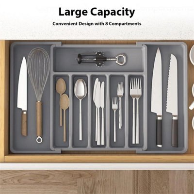 Grey Cutlery Drawer Organiser Extendable Utensil Tray Adjustable Kitchen Storage Rack from B&Q