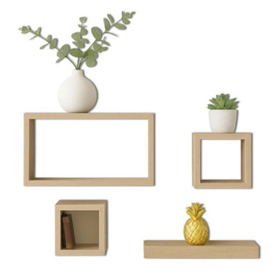 Oak Set Of 4 Floating Shelves Durable Multi-Purpose