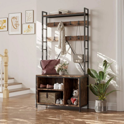 Hall Tree With Bench Shoe Storage,with Shoe Bench Rustic Brown
