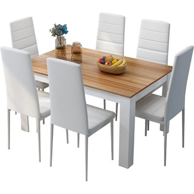  - Oak Dining Table And 6 White Chairs Set W/ Faux Leather Dining&kitchen Furniture