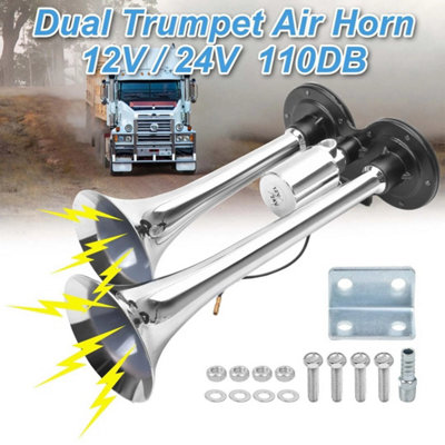 Car Truck Diesel Air Horns 12V / 24V Dual Trumpet Horn Kit Compressor Twin Tone