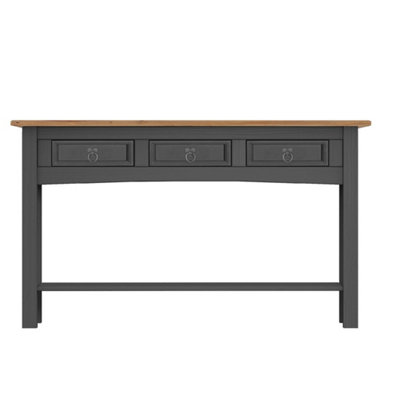  - Charcoal Dark Grey Waxed Solid Pine Console Table 3 Drawer Hall Wooden Unit