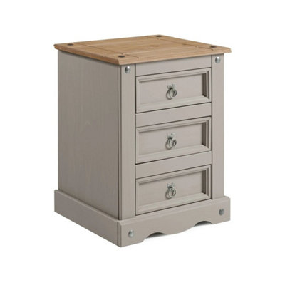 Large Grey Wax 3 Drawer Solid Pine Bedside Cabinet Mexican Rustic Wooden Nightstand