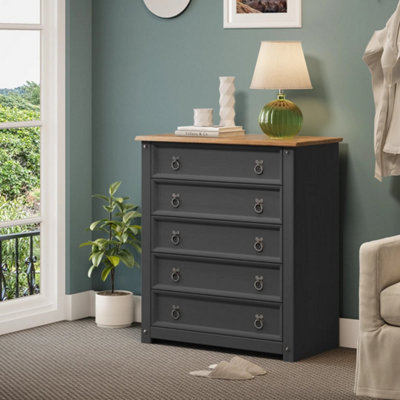  - Chest Of Drawers 5 Drawer Small Charcoal Wax Solid Wooden Pine Dark Grey