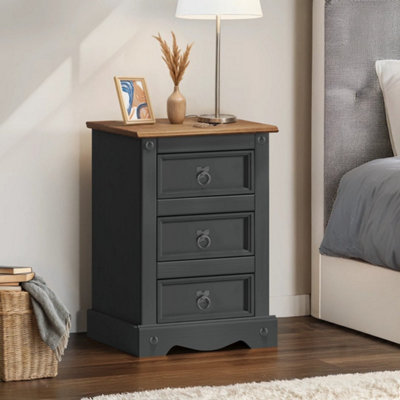 Charcoal Grey Solid Pine 3 Drawer Bedside Cabinet Mexican Rustic Nightstand Table