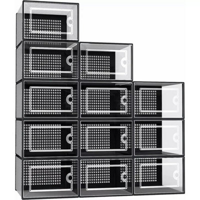  - 12 X Stackable Foldable Boxes Trainers Organiser Clear Plastic Shoe Storage