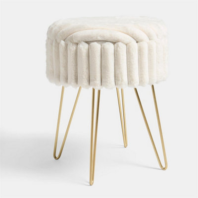  - Cream/gold Faux Fur Stool Hairpin Ribbed Fleece Round Vanity Seat Foot Rest Chair
