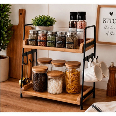 2 Tier Wooden Spice Rack Herb Jar Holder Kitchen Counter Top