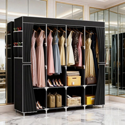 Black Fabric Wardrobe Hanging Rail Shelves Clothes Storage Cupboard from B&Q