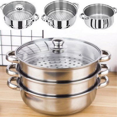 28Cm Large 3 Tier Stainless Steel Steam Cooker Steamer Pan Cook Food Veg Pot Lid from B&Q