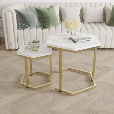  - Nesting Of 2 Tables Marble Effect Mdf Top- White Marble In Golden Frame