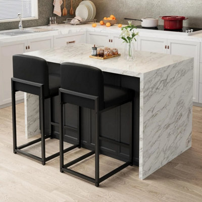  - Bar Stool Set Of 2 Counter Chair Back Footrest Metal Legs Black