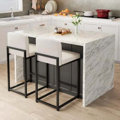  - Bar Stool Set Of 2 Counter Chair Back Footrest Metal Legs White