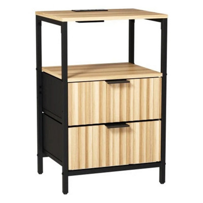  - Wood Bedside Table 2 Drawers Cabinet Charging Nightstand Storage