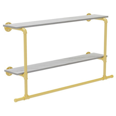  - Heavy Duty Pipe Clothes Rail Wall Mounted Garment Rack -Golden+Marble White