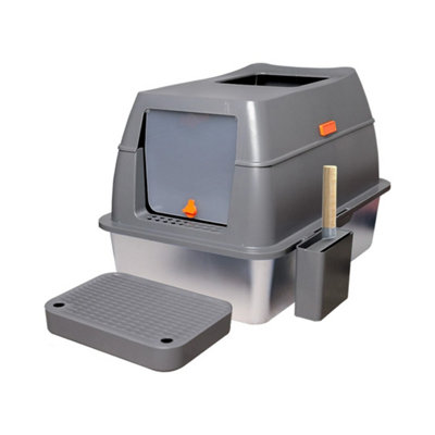Jumbo Hooded Cat Litter Box Big Litter Tray Anti Leak Stainless from B&Q