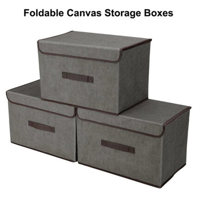  - 3X Large Foldable Canvas Storage Boxes Folding Fabric Clothes Baskets With Lid