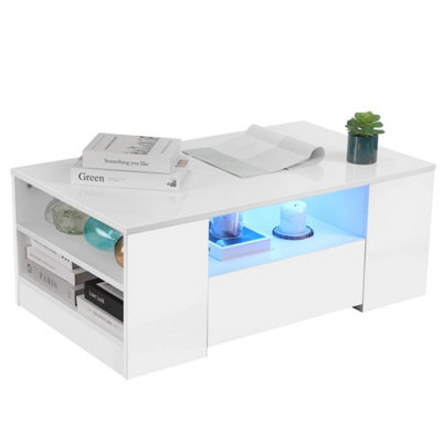  - Led Coffee Table Wooden 2 Drawer Storage High Gloss Modern