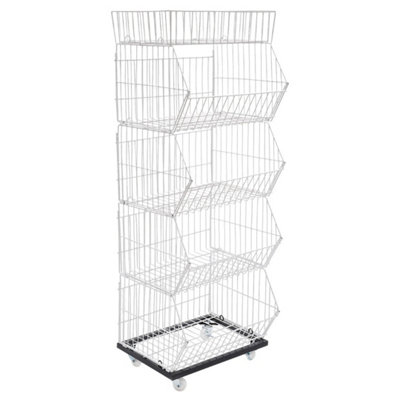 5-Tier Wire Grid Retail Display Shelf White Metal Rack Stand Wheels