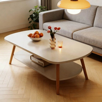 White 2 Layer Coffee Table Cloud Tea Table Modern Living Room Desk W/ Storage Shelf