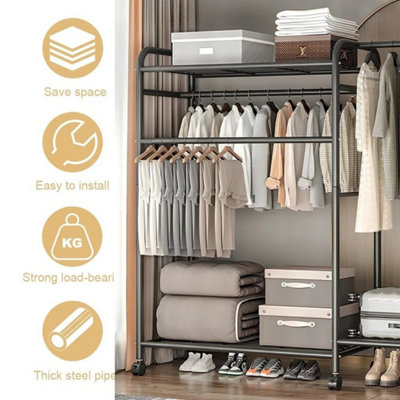  - Heavy Duty Double Clothes Rail Rack Garment Hanging Stand Open Wardrobe Shelf
